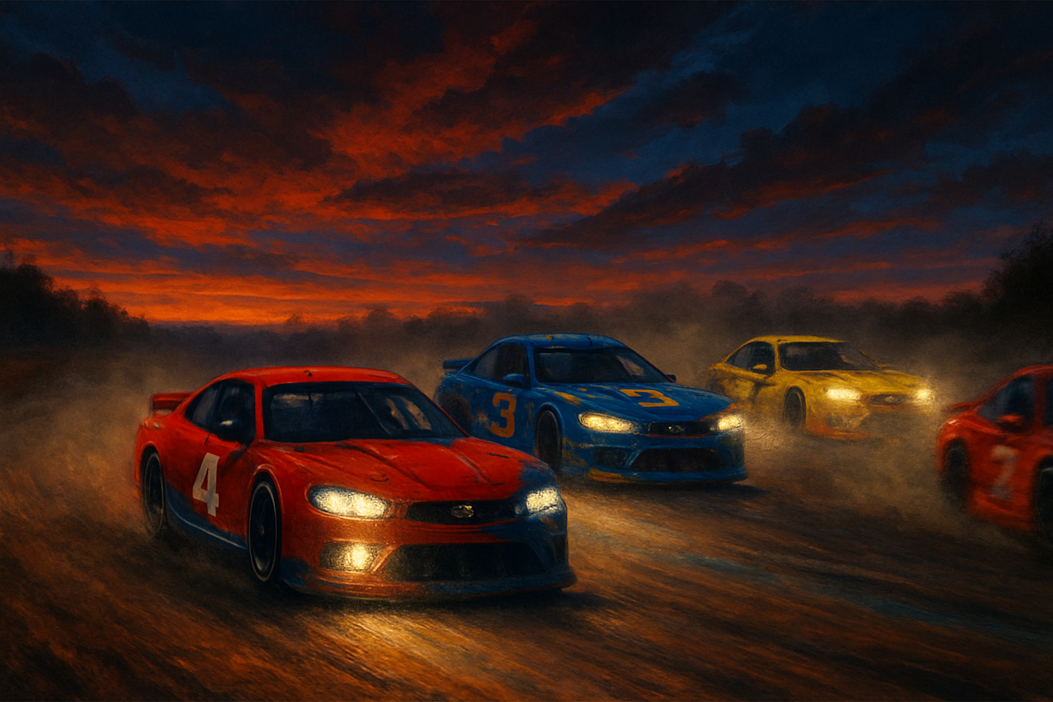 Course de Voitures Sous le Ciel Crépusculaire : Une Explosion de Couleurs et de Vitesse