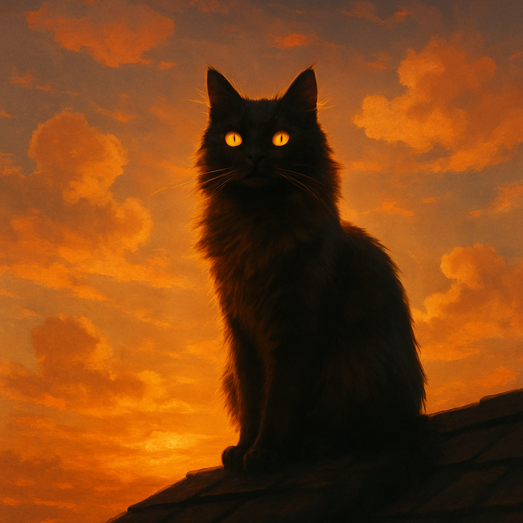 Un chat majestueux aux yeux brillants, perché sur un toit, silhouetté contre un coucher de soleil éclatant. Les nuances dorées et orangées du ciel se reflètent sur son pelage soyeux. Une ambiance calme et rêveuse, avec des nuages cotonneux flottant doucement. La composition est centrée sur le chat, capturant l'essence d'un moment paisible.