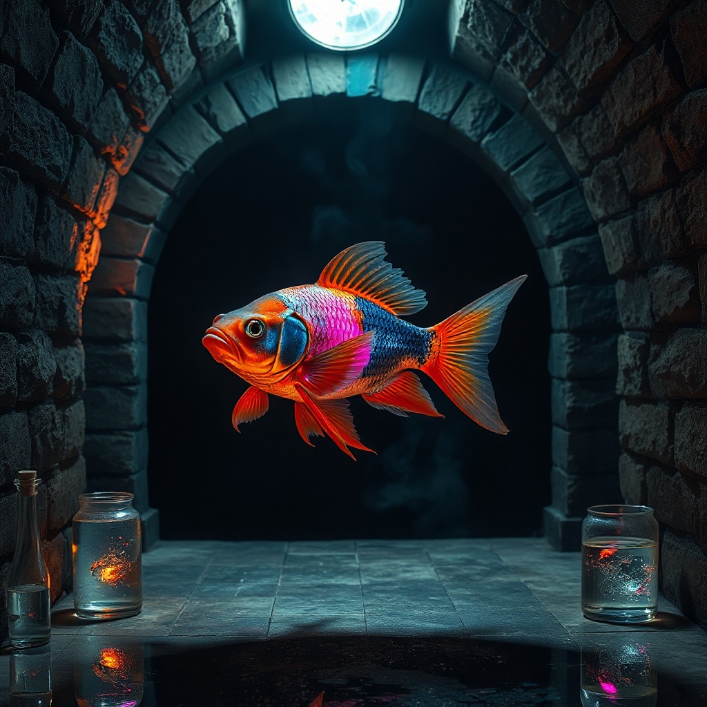 poisson multicolore se tient au centre d'un laboratoire ancien, éclairé par une lumière tamisée et mystérieuse. Des ombres dansent sur les murs de pierre, tandis que des éclats de couleurs vibrantes se reflètent sur les surfaces en verre. L'atmosphère est à la fois intrigante et inquiétante, évoquant un mélange de danger et de fascination.